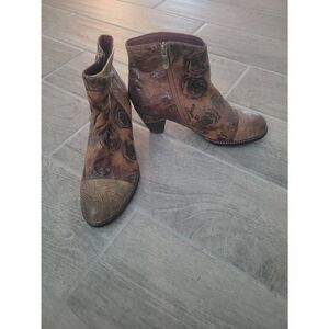L'Artiste by Spring‎ Step Floral Ankle Boots Waterlily Brown Zipper Leather Size